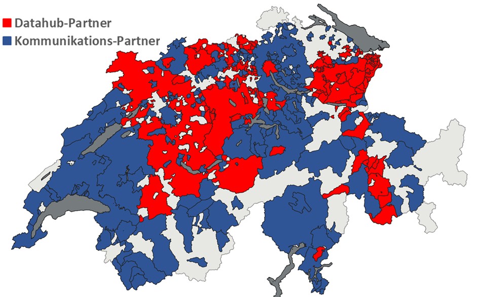 Bild 2: Bereits heute sind 80% der Netzgebiete an der modernen Branchenlösung beteiligt (rot) oder angebunden (blau).